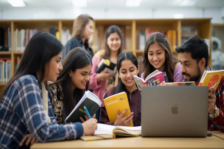 Indian nursing students studying together for the NCLEX-RN exam in a university library