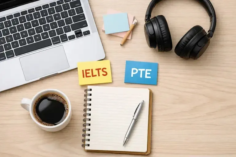 Is IELTS easier than PTE comparison with IELTS and PTE notes on desk laptop headphones study abroad English test preparation